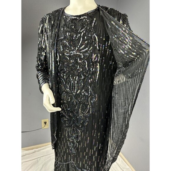 Vtg Fantasy By Lisa Kane Pure Silk Embellished Black Beaded Dress 36” Bust - Picture 7 of 16